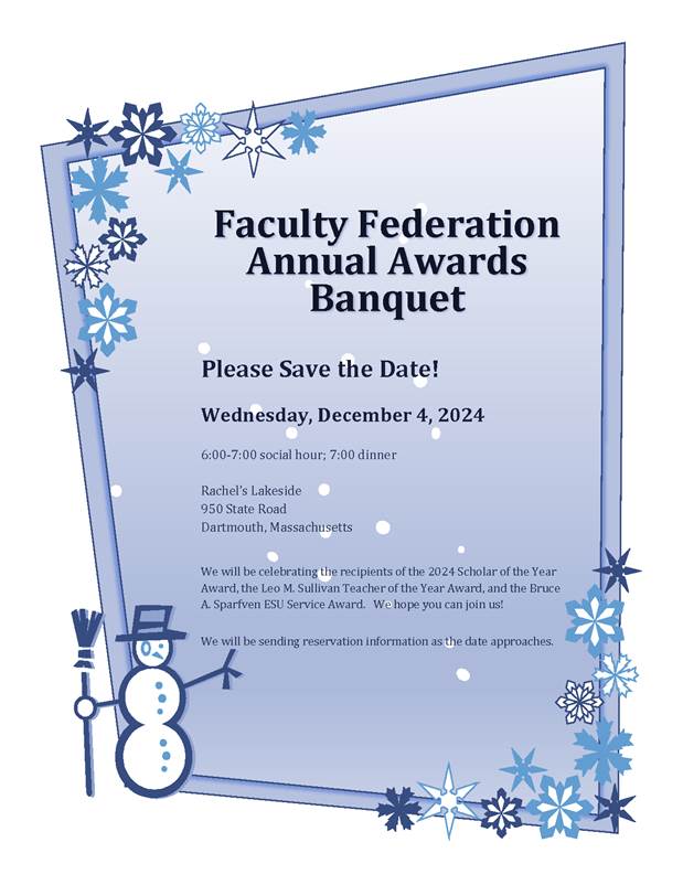 The Faculty Federation Annual Banquet is right around the corner!   We are extending the reservation deadline to Monday, December 2. 